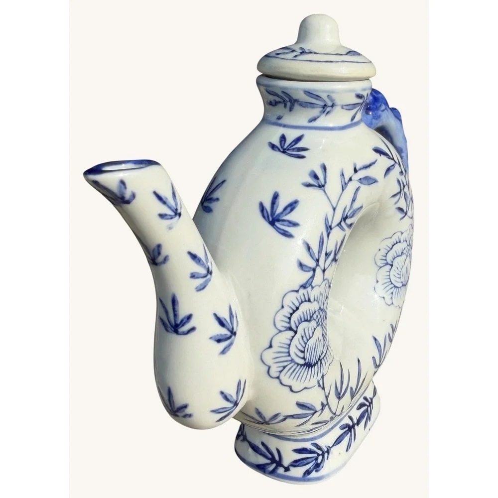 Vintage Blue White Chinese Donut Teapot Dragon Handle Chinoiserie Ring Pot 7